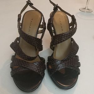 Tahari Brown Leather Snake Skin Sandals
